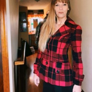 Plaid Red and Black Pea Coat